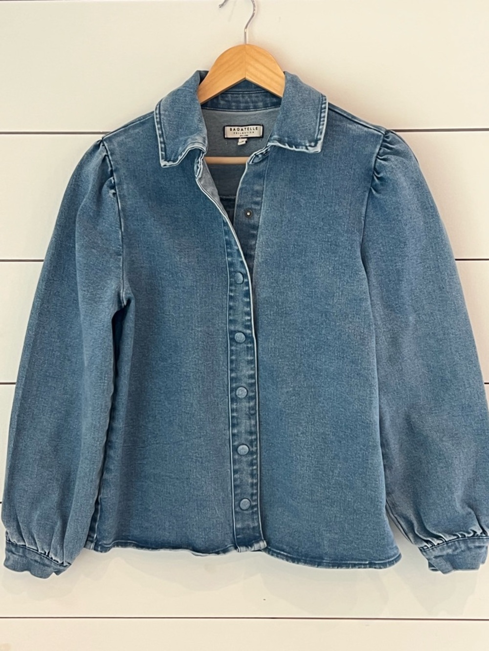 bagatelle Faded Blue Denim Puff-Sleeve Button Top medium